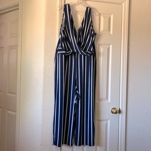 Candie’s navy blue and white striped jumpsuit